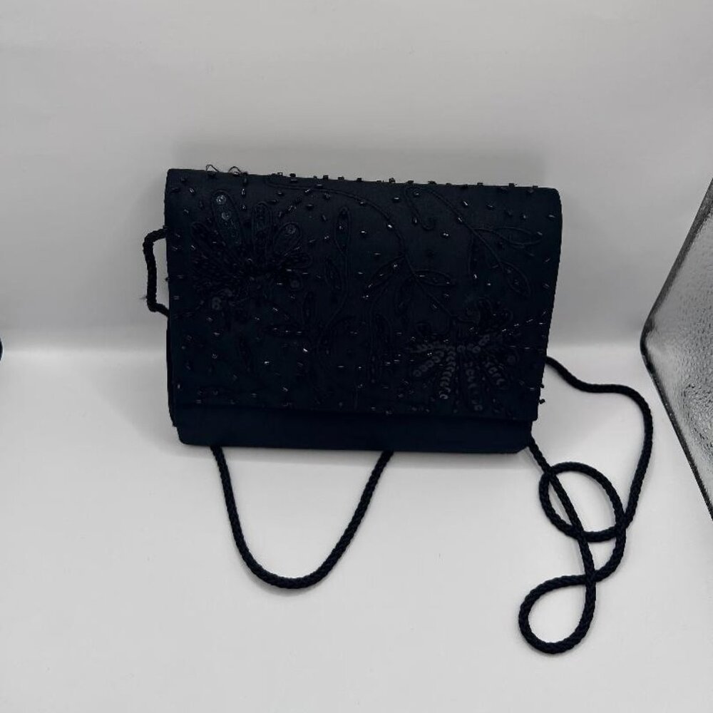 Vintage NYTLITES black satin beaded evening clutch bag with a cord shoulder str
